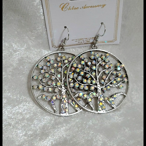Boutique Jewelry - Silvertone AB rhinestones tree design pierced earrings